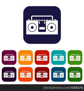 Vintage tape recorder for audio cassettes icons set vector illustration in flat style In colors red, blue, green and other. Vintage tape recorder icons set flat