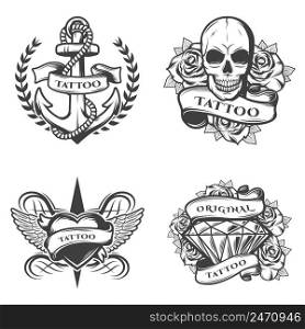 Vintage tattoo studio emblems set with anchor rope skull roses heart diamond in monochrome style isolated vector illustration. Vintage Tattoo Studio Emblems Set