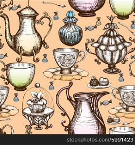 Vintage tea seamless pattern with hand drawn pots and cups vector illustration. Vintage Tea Seamless Pattern