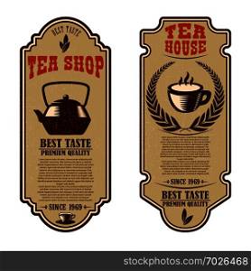 Vintage tea shop flyer templates. Design elements for logo, label, sign, badge. Vector illustration