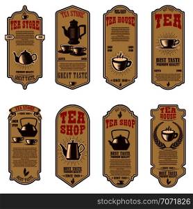Vintage tea shop flyer templates. Design elements for logo, label, sign, badge. Vector illustration