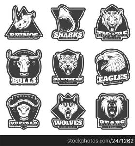 Vintage team sport logos set with wild animals heads in monochrome style isolated vector illustration. Vintage Team Sport Logos Set