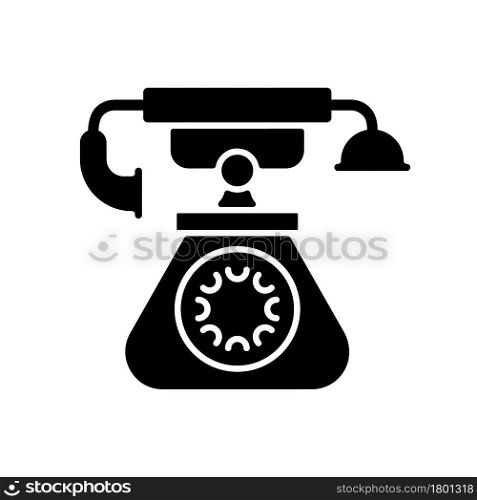 Vintage telephone black glyph icon. Old school rotary phone. Candlestick telephone. Calling and receiving calls. Old fashioned look. Silhouette symbol on white space. Vector isolated illustration. Vintage telephone black glyph icon