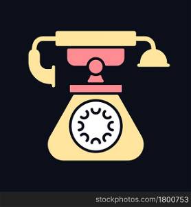 Vintage telephone RGB color icon for dark theme. Old school rotary phone. Candlestick telephone. Isolated vector illustration on night mode background. Simple filled line drawing on black. Vintage telephone RGB color icon for dark theme