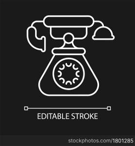Vintage telephone white linear icon for dark theme. Old school rotary phone. Candlestick telephone. Thin line customizable illustration. Isolated vector contour symbol for night mode. Editable stroke. Vintage telephone white linear icon for dark theme