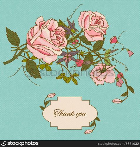 Vintage thank you nostalgic note card gratitude message with cottage garden roses flowers sketch color vector illustration