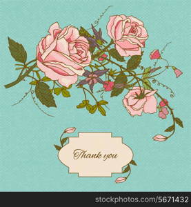 Vintage thank you nostalgic note card gratitude message with cottage garden roses flowers sketch color vector illustration