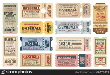 Vintage tickets on baseball game. Sport competition, baseball tournament or cup admission card, stadium entrance pass vector templates with retro typography, team names and controller perforation. Vintage tickets on baseball game vector templates