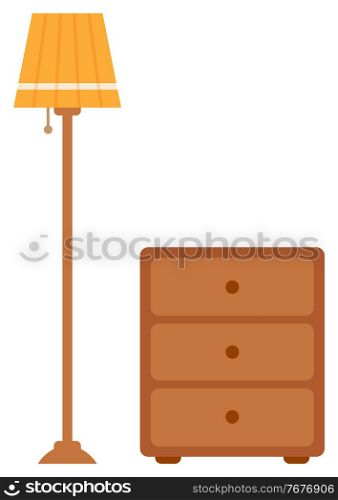 Vintage torchiere and bedside table. Floor lamp and wooden nightstand. Retro stylish piece of furniture for garage sale. Flea market vector illustration. Torchiere Floor Lamp and Bedside Table Vector