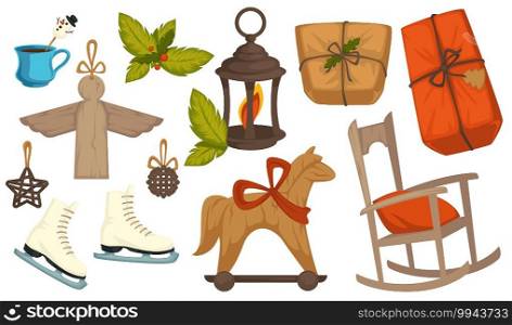 Vintage toys and xmas symbols for celebration of christmas winter holiday. Isolated lantern with candle, rocking chair and horse, angel and skating shoes. Parcel and hot beverage. Vector in flat style. Christmas symbols, gifts box and vintage toys