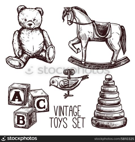 Vintage toys set with sketch teddy bear rocking horse and pyramid isolated vector illustration. Vintage Toys Set