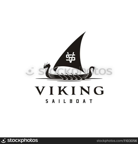 Vintage Traditional Viking Ship Boat Silhouette Letter V S SV VS Logo design