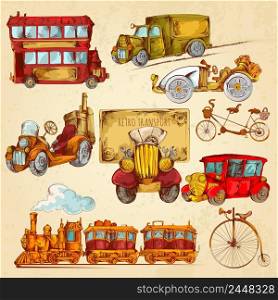 Vintage transport ste&unk historical vehicle sketch colored decorative icons set isolated vector illustration. Vintage Transport Sketch Colored