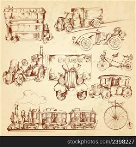 Vintage transport ste&unk vehicles sketch decorative icons set isolated vector illustration. Vintage Transport Sketch