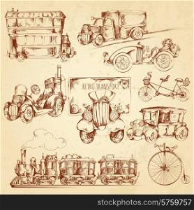 Vintage transport steampunk vehicles sketch decorative icons set isolated vector illustration. Vintage Transport Sketch