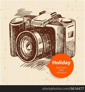 Vintage travel and holiday background with camera. Hand drawn sketch illustration