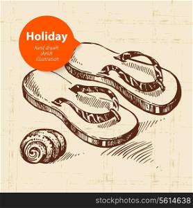 Vintage travel and holiday background with flip-flops. Hand drawn sketch illustration