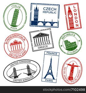 Vintage travel stamps for postcards with europe countries architecture attractions country culture trip tours sticker. Post stamp stickers for travels postcard colorful vector isolated icon set. Vintage travel stamps for postcards with europe countries architecture attractions. Post stamp stickers for travels postcard vector set