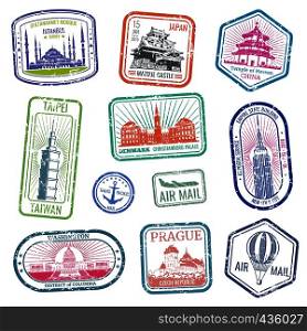 Vintage travel stamps with major monuments and landmarks vector set. Collection of stamp grunge for air mail and travel illustration. Vintage travel stamps with major monuments and landmarks vector set