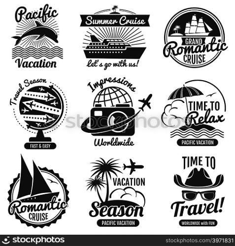 Vintage travel vector logo set. Adventure and label romantic cruise illustration. Vintage travel vector logo set