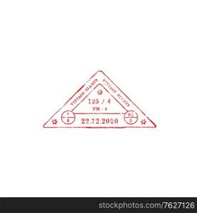 Vintage triangular stamp with data and time of delivery. Vector grunge triangle, post or airmail stamp isolated icon. Correspondence control symbol, travel destination mark. Rubber red print sign. Red triangle stamp with date of arrival, departure