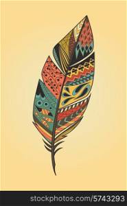 Vintage tribal ethnic hand drawn colorful feather, vector illustration