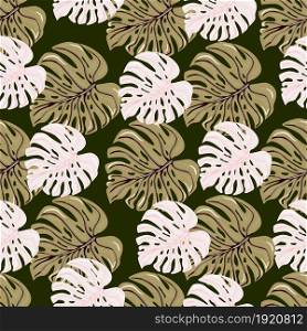 Vintage tropical monstera leaves seamless pattern. Retro style botanical foliage plants wallpaper. Exotic hawaiian backdrop. Design for fabric, textile print, wrapping, cover. Vector illustration. Vintage tropical monstera leaves seamless pattern. Retro style botanical foliage plants wallpaper.