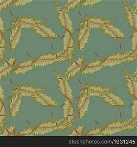 Vintage tropical seamless pattern with leaves on green background. Botanical foliage plants wallpaper. Exotic hawaiian backdrop. Design for fabric, textile print, wrapping, cover. Vintage tropical seamless pattern with leaves on green background.