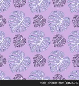 Vintage tropical seamless pattern with monstera leaves on lilac background. Abstract botanical foliage plants wallpaper. Exotic hawaiian backdrop. Design for fabric, textile print, wrapping, cover. Vintage tropical seamless pattern with monstera leaves on lilac background.