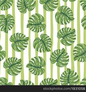 Vintage tropical seamless pattern with monstera leaves on stripe background. Botanical foliage plants wallpaper. Exotic hawaiian backdrop. Design for fabric, textile print, wrapping, cover. Vintage tropical seamless pattern with monstera leaves on stripe background.
