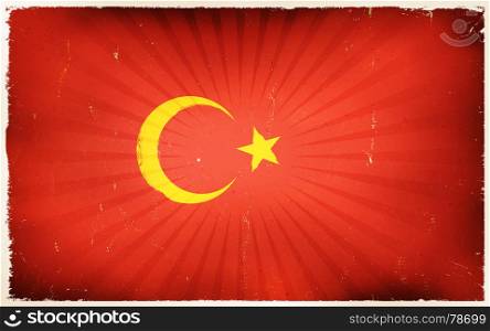 Vintage turkey Flag Poster Background. Illustration of an horizontal turkey country flag poster, with red background, yellow star and crescent moon, vintage design, grunge textures and sunbeams, for turkish national holidays