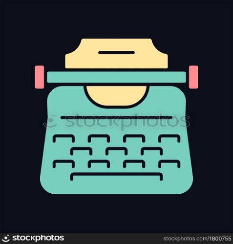 Vintage typewriter RGB color icon for dark theme. Antique mechanical machine. Producing characters on paper. Isolated vector illustration on night mode background. Simple filled line drawing on black. Vintage typewriter RGB color icon for dark theme