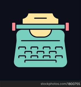 Vintage typewriter RGB color icon for dark theme. Antique mechanical machine. Producing characters on paper. Isolated vector illustration on night mode background. Simple filled line drawing on black. Vintage typewriter RGB color icon for dark theme