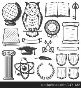 Vintage university and academy elements set with educational objects and symbols in monochrome style isolated vector illustration. Vintage University And Academy Elements Set