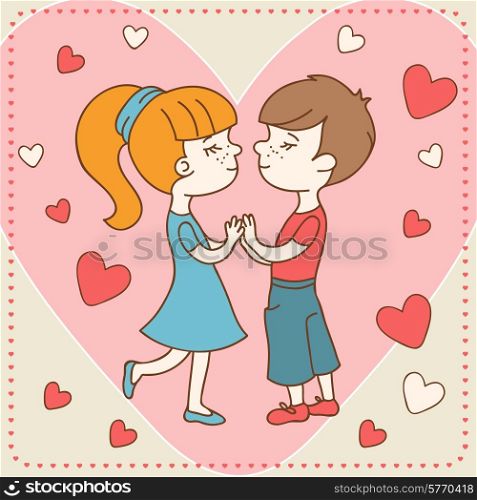 Vintage Valentine&#39;s day card of boy kisses girl.