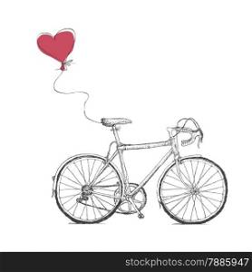 Vintage Valentines Illustration with Bicycle and Heart Baloon