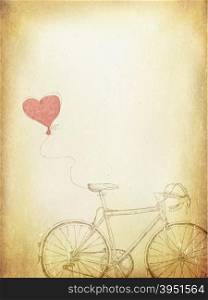 Vintage Valentines Illustration with Bicycle and Heart Baloon. Aged Vector Template