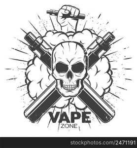 Vintage vape label with skull vaporizers smokes hand holding electronic cigarette and sunburst isolated vector illustration. Vintage Vape Label