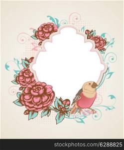 Vintage vector background with bird sitting on a flowering branch.