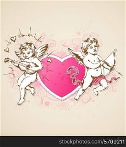 Vintage vector background with pink heart and Cupids for Valentine&rsquo;s day