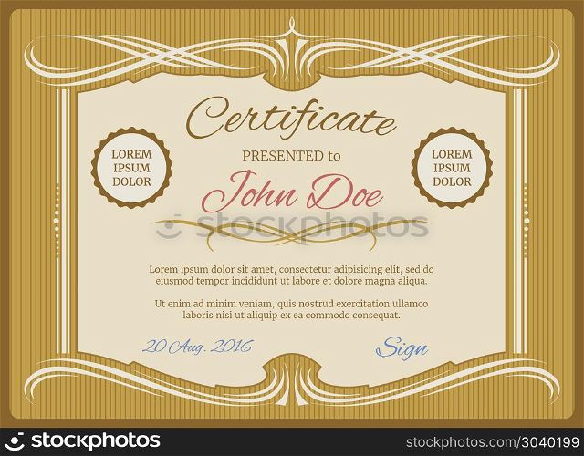Vintage vector certificate template, retro diploma. Vintage vector certificate template, retro diploma. Document presented illustration