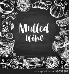 Vintage vector chalk drawing background with mulled wine and spices. Traditional Christmas food and drink.