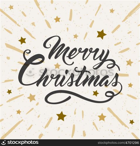 Vintage vector Christmas background with greeting inscription and stars. Design for Christmas card. Merry Christmas lettering.