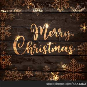 Vintage vector Christmas background with snowfllakes on a wooden board. Merry Christmas lettering.