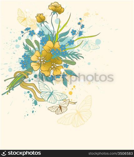 vintage vector floral background with bouquet and butterflies