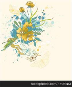 vintage vector floral background with bouquet and butterflies