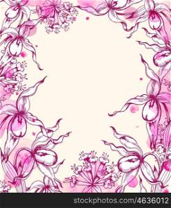 Vintage vector hand drawn floral frame with orchids and pink watercolor blots. Retro floral background.