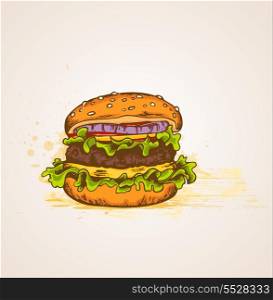 Vintage vector hand drawn hamburger with green salad and cheese