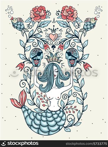 Vintage vector illustration with a beautiful mermaid and pirate skulls