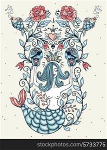 Vintage vector illustration with a beautiful mermaid and pirate skulls